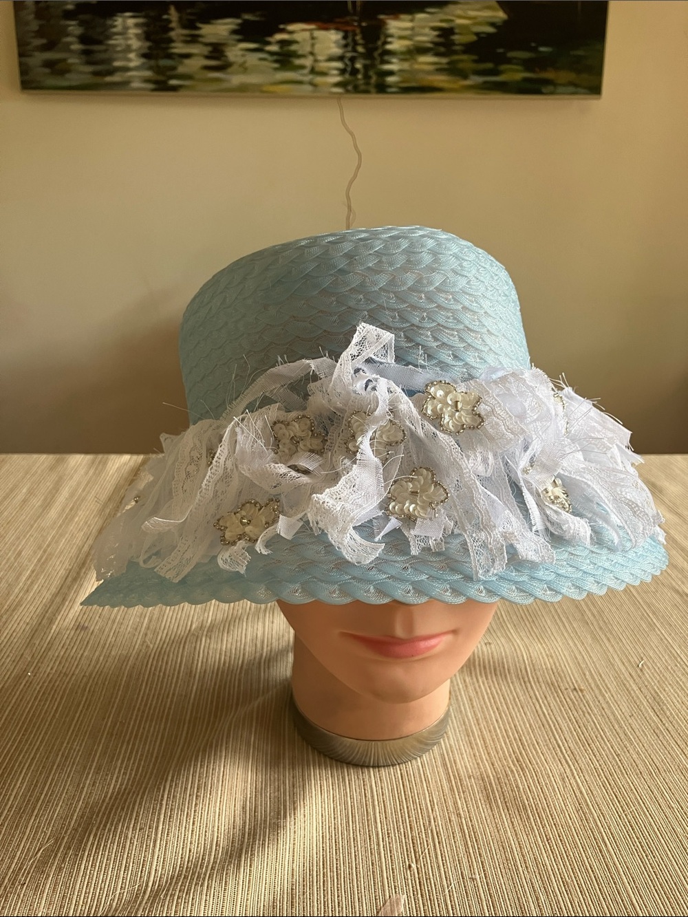 Light Blue Straw Hat with Floral Sequined Accents and Lace Trim